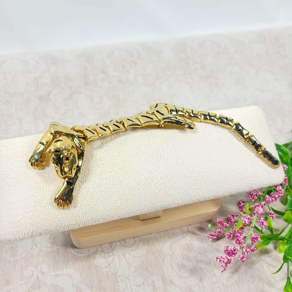 Vintage Gold Tone Articulated Tiger Brooch Panther Shoulder Pin Big Cat